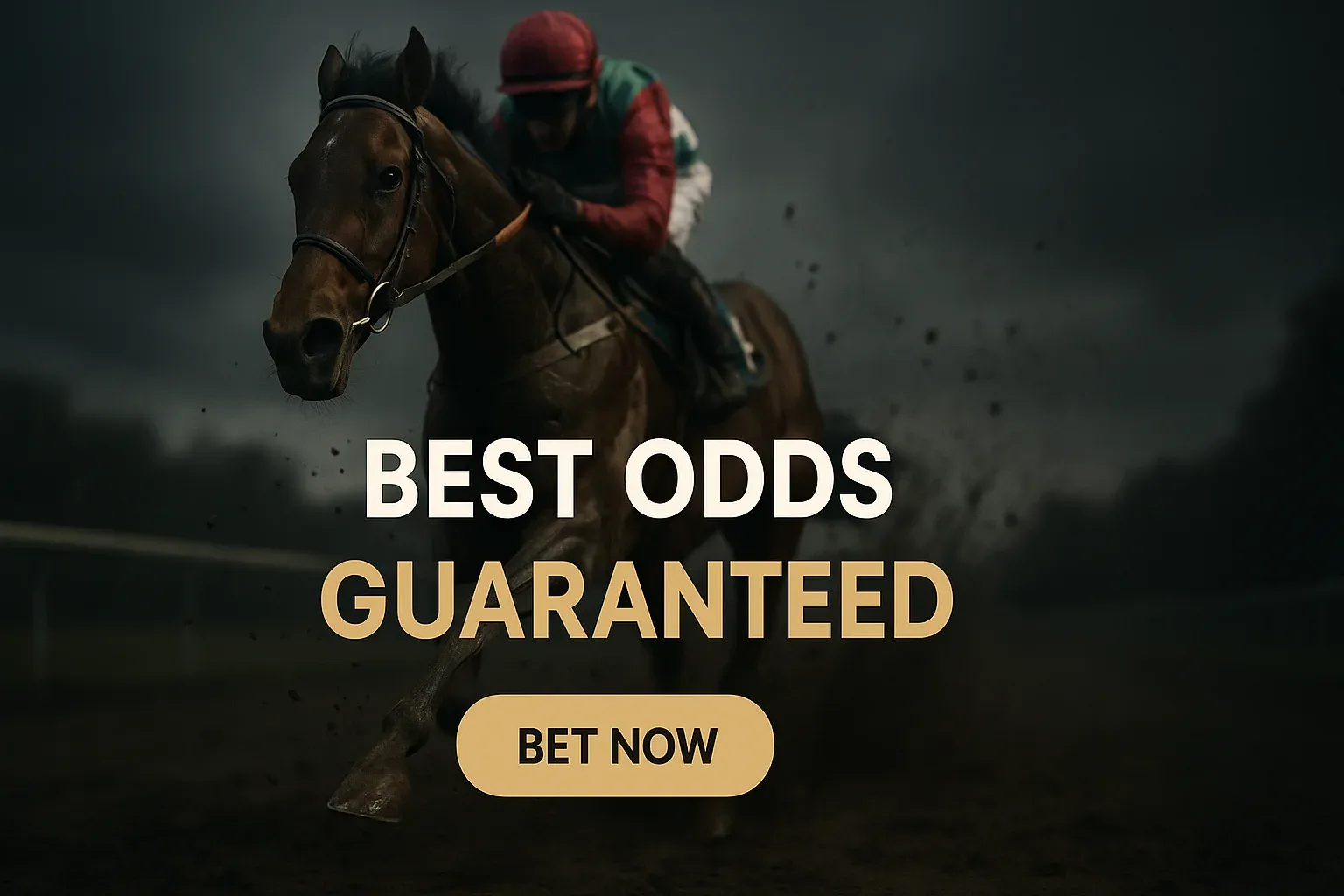 Photorealistic horse racing banner with galloping racehorse, mud spray and CTA