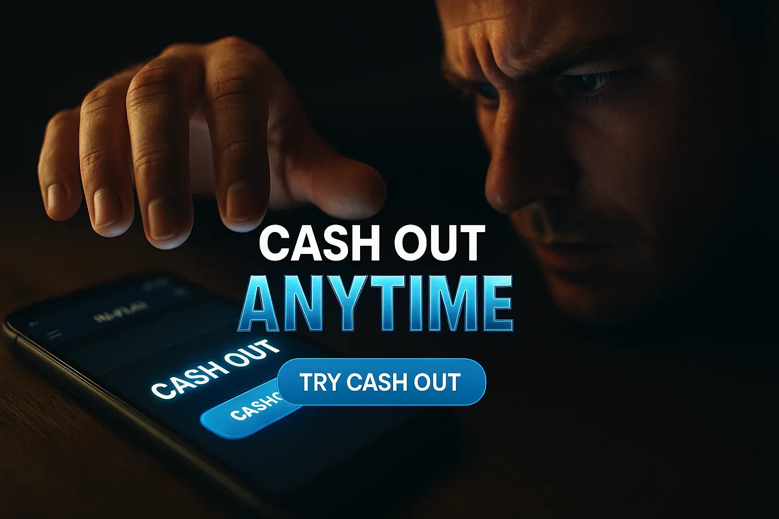 Photorealistic in-play cash out button glowing on smartphone, British hand hovering