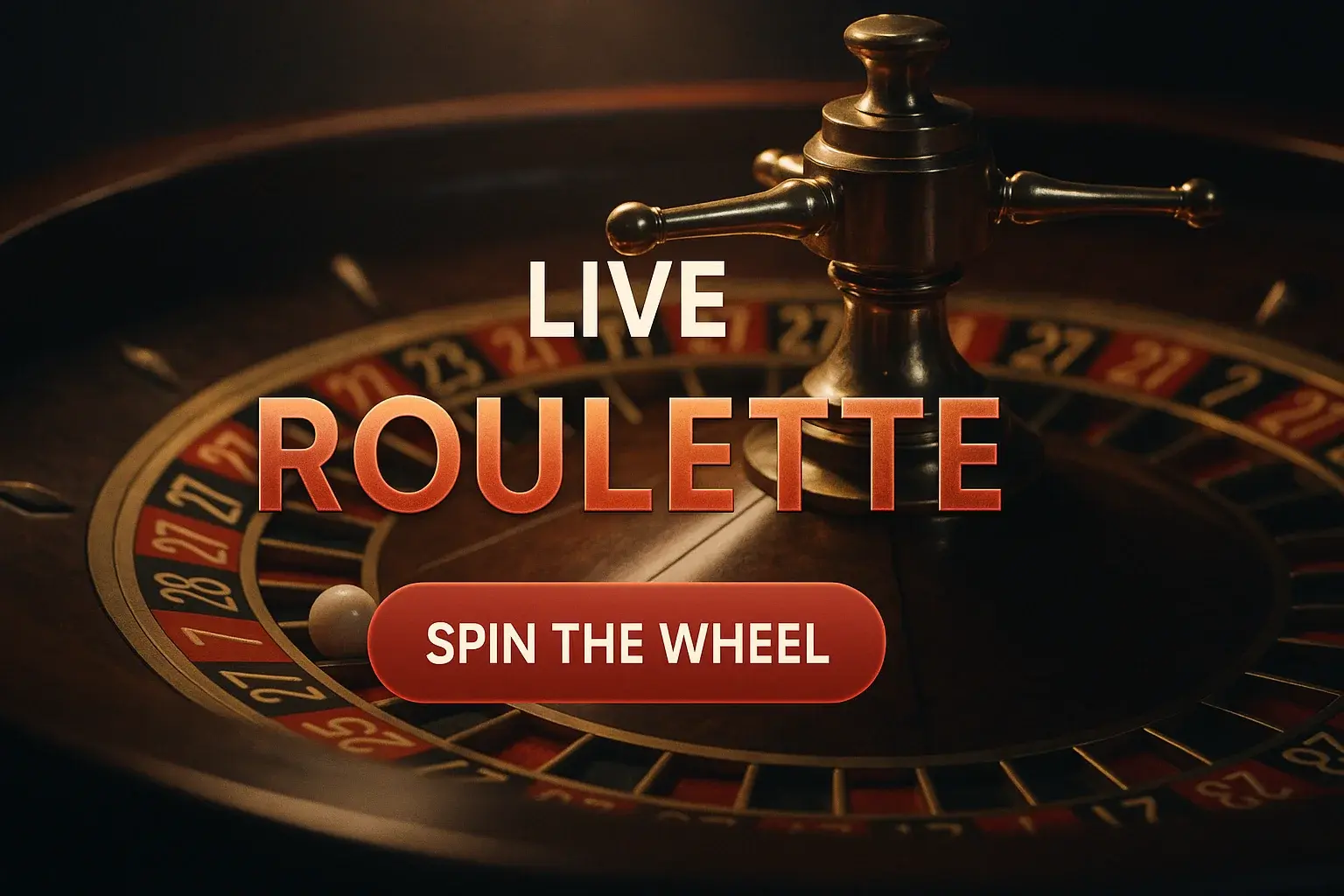 Photorealistic live roulette casino banner with spinning wheel and CTA button