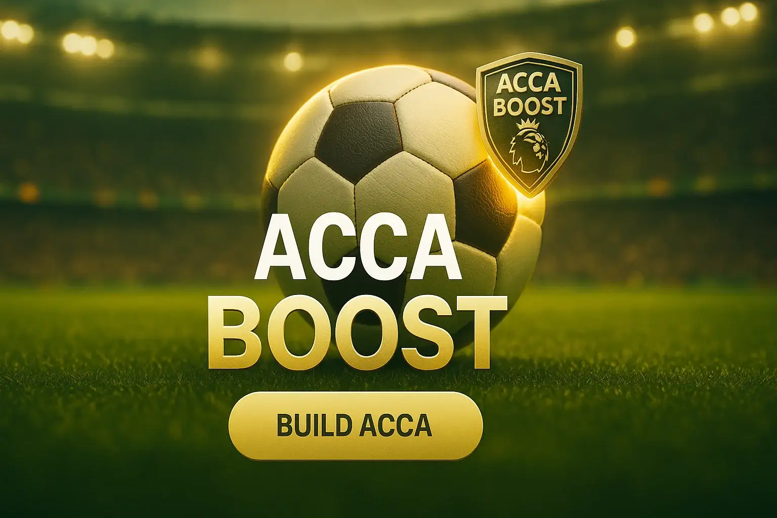 Photorealistic football stadium banner with glowing ball, gold Acca Boost and CTA