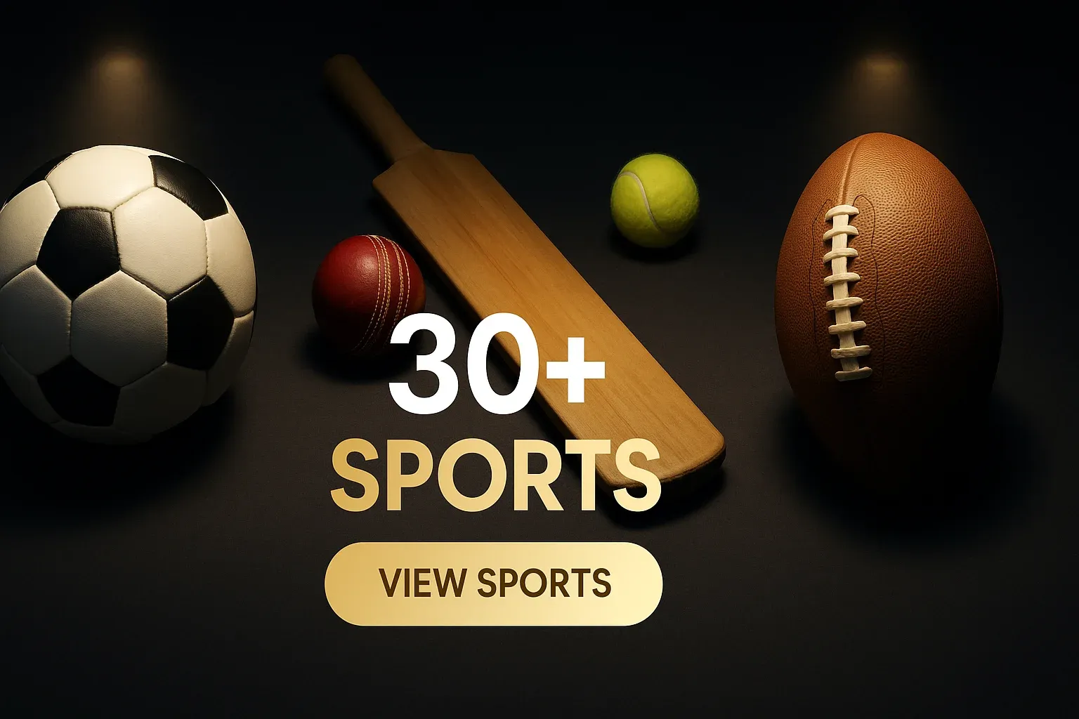 Wide banner with British sports balls and gold spotlights, betting CTA